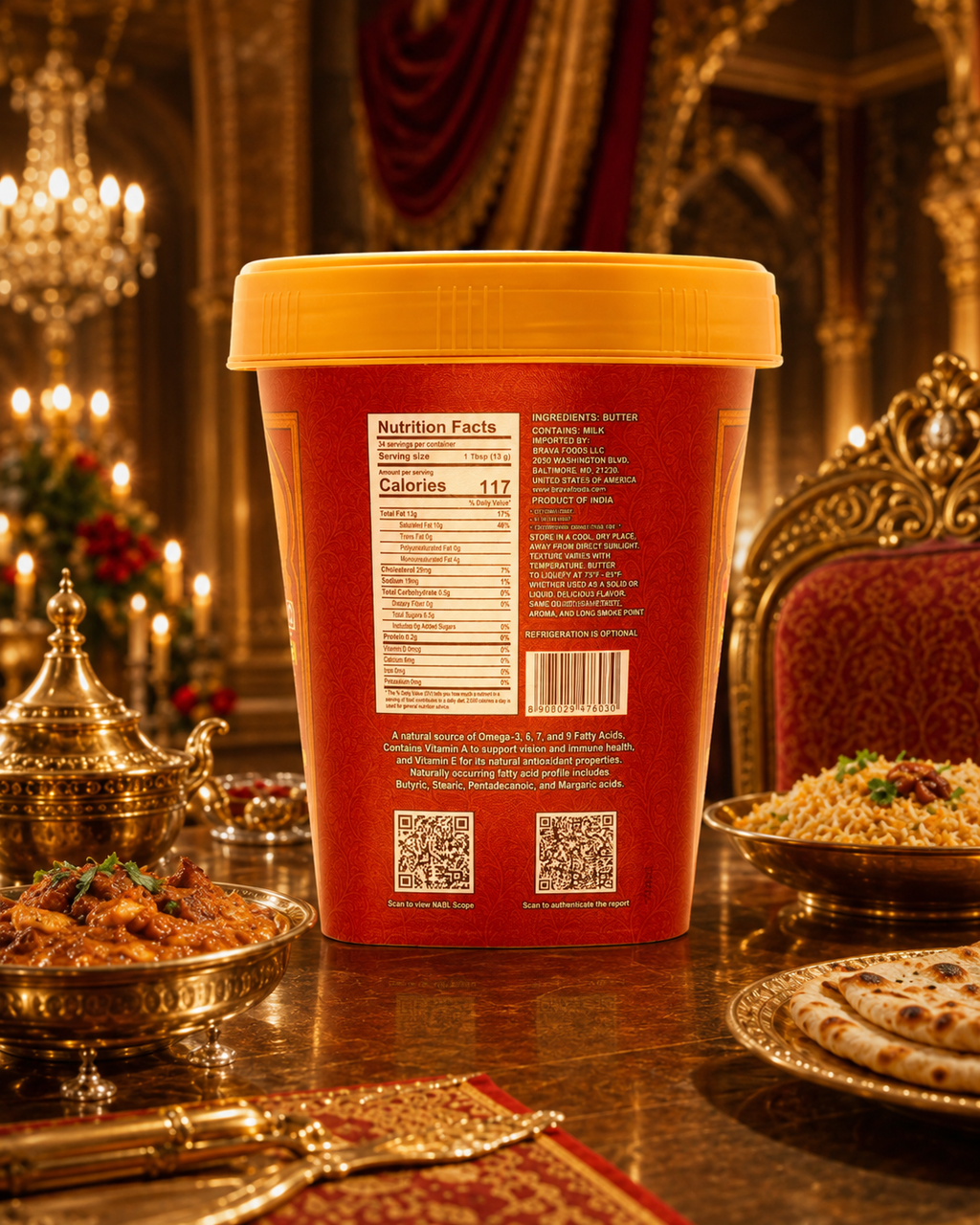 A red plastic tub of Hyderabadi Buffalo Ghee with a yellow lid, showing the back nutrition label, set on a table in an ornate, warm-toned restaurant or dining room with plates of food and gold-toned decor.